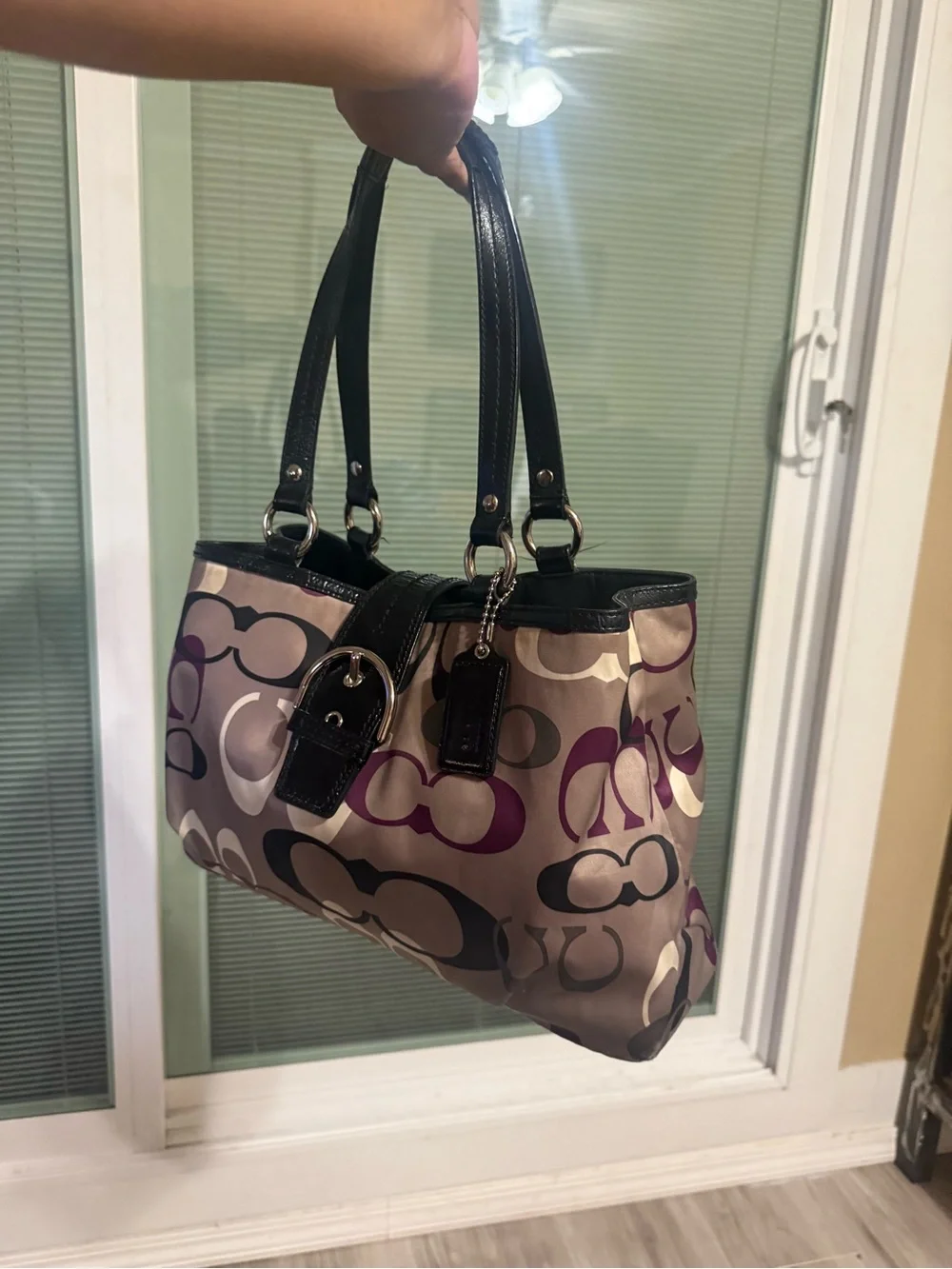 Coach Signature Canvas Shoulder Bag in Taupe, Purple and Black